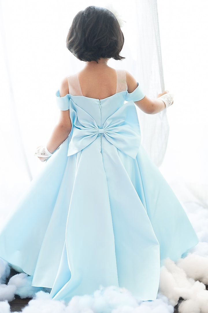 Blue Bridal Satin Hand Embroidered High-Low Gown For Girls by Ruchikalathlabel at Pernia's Pop Up Shop