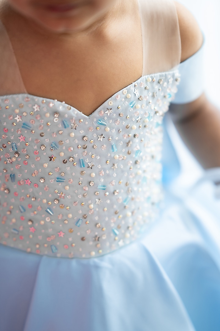 Blue Bridal Satin Hand Embroidered High-Low Gown For Girls by Ruchikalathlabel at Pernia's Pop Up Shop