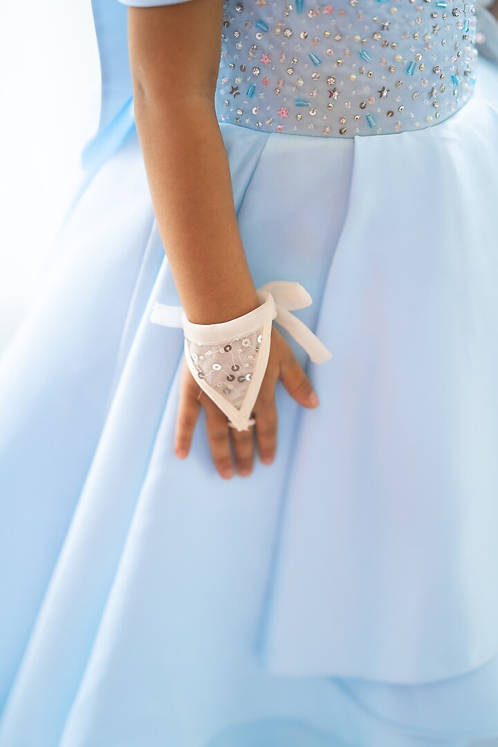 Blue Bridal Satin Hand Embroidered High-Low Gown For Girls by