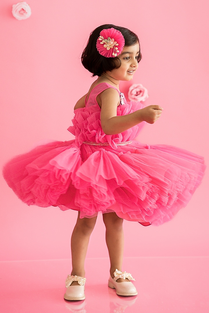 Pink Tulle Hand Embroidered Draped Dress For Girls by Ruchikalathlabel at Pernia's Pop Up Shop