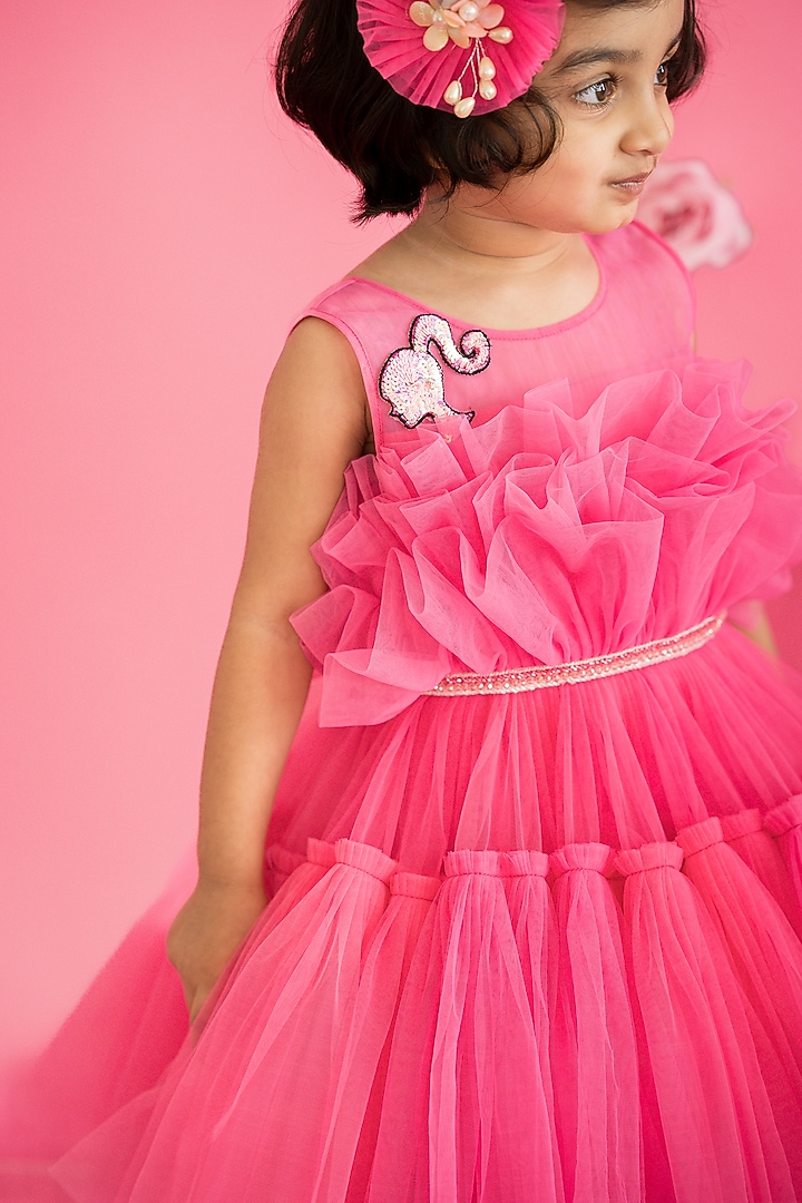 Pink Tulle Hand Embroidered Draped Dress For Girls by Ruchikalathlabel at Pernia's Pop Up Shop