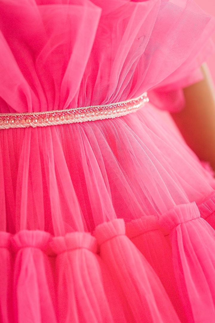 Pink Tulle Hand Embroidered Draped Dress For Girls by Ruchikalathlabel at Pernia's Pop Up Shop