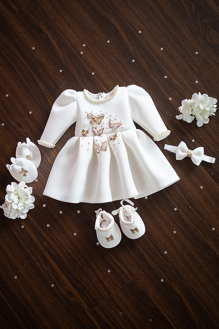White Scuba Hand Embroidered Dress For Girls by Ruchikalathlabel at Pernia's Pop Up Shop