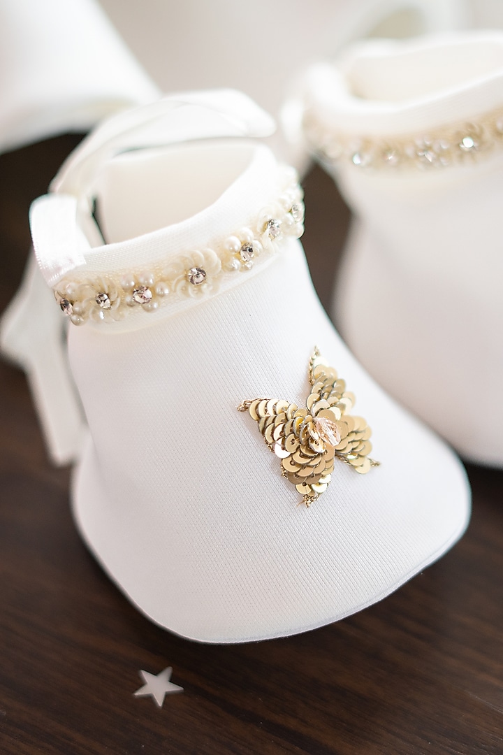 White Scuba Hand Embroidered Dress For Girls by Ruchikalathlabel at Pernia's Pop Up Shop