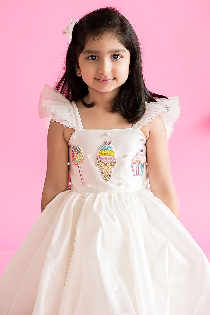 White Taffeta Hand Embroidered Dress For Girls by Ruchikalathlabel at Pernia's Pop Up Shop