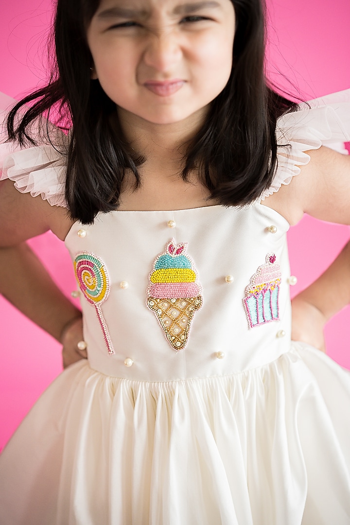 White Taffeta Hand Embroidered Dress For Girls by Ruchikalathlabel at Pernia's Pop Up Shop