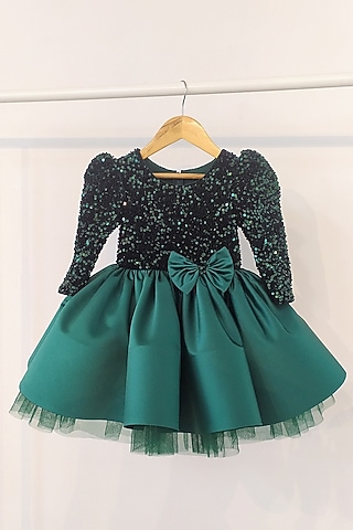 Green Bridal Satin & Sequined Velvet Flared Dress For Girls by Ruchikalathlabel