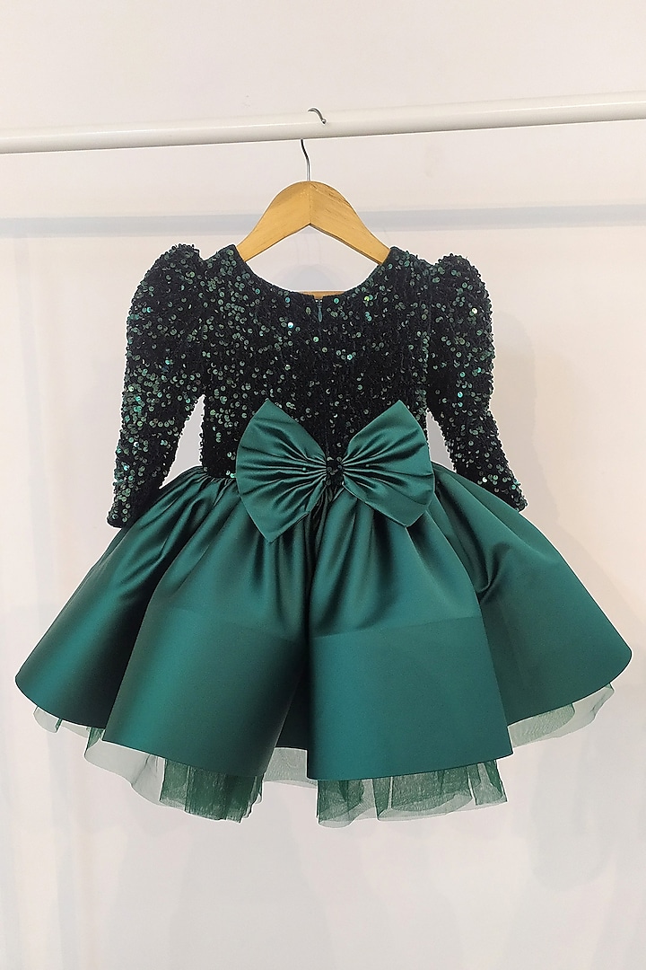 Green Bridal Satin & Sequined Velvet Flared Dress For Girls by Ruchikalathlabel at Pernia's Pop Up Shop