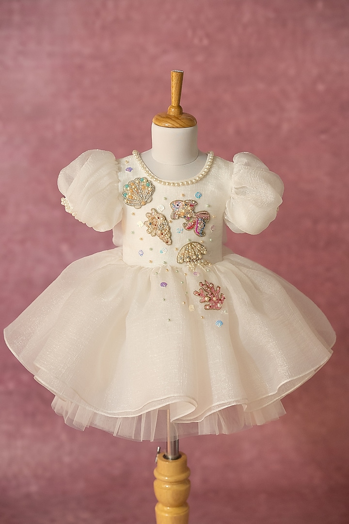 White Organza Hand Embroidered Dress For Girls by Ruchikalathlabel at Pernia's Pop Up Shop