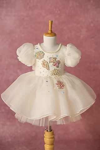 White Organza Hand Embroidered Dress For Girls by Ruchikalathlabel