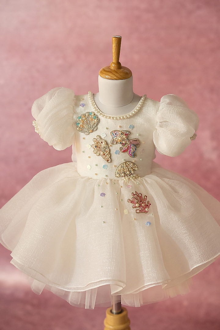 White Organza Hand Embroidered Dress For Girls by Ruchikalathlabel at Pernia's Pop Up Shop