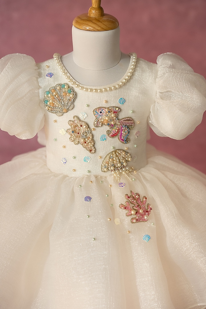 White Organza Hand Embroidered Dress For Girls by Ruchikalathlabel at Pernia's Pop Up Shop