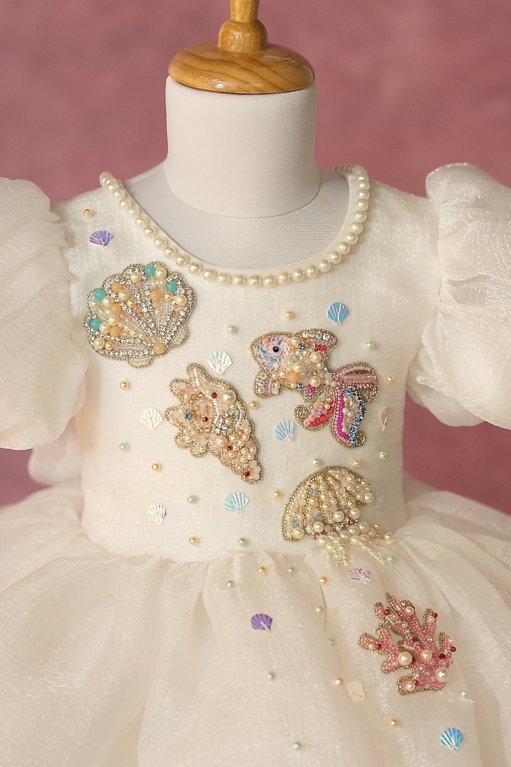 White Organza Hand Embroidered Dress For Girls by Ruchikalathlabel at Pernia's Pop Up Shop