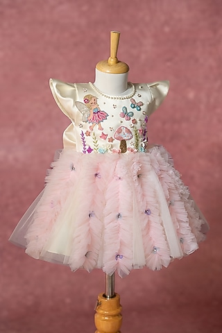 Off-White Satin & Net Hand Embroidered Dress For Girls by Ruchikalathlabel