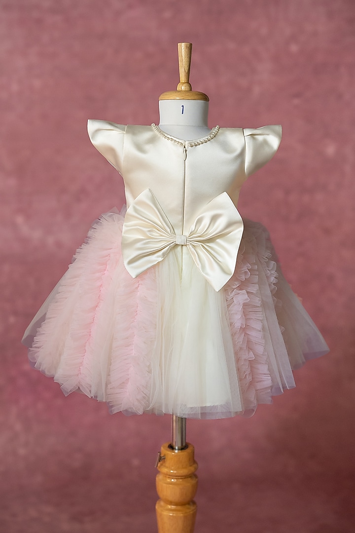 Off-White Satin & Net Hand Embroidered Dress For Girls by Ruchikalathlabel at Pernia's Pop Up Shop