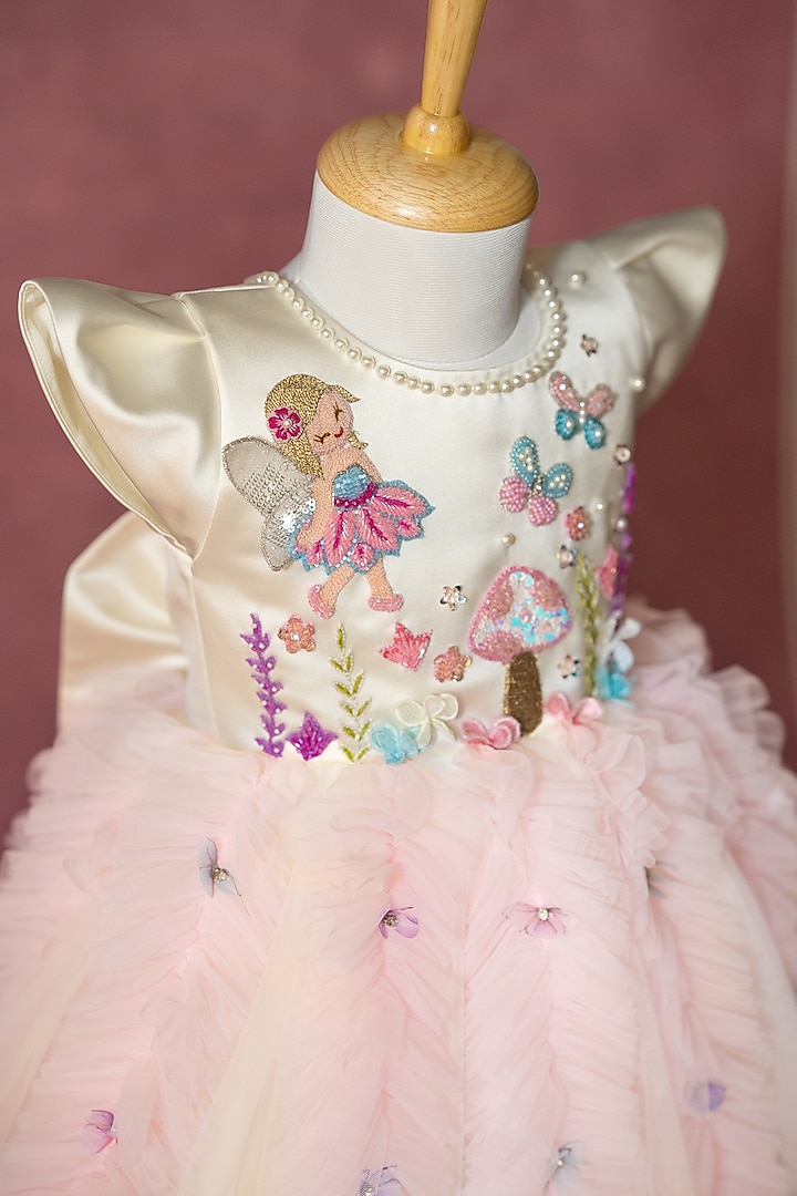 Off-White Satin & Net Hand Embroidered Dress For Girls by Ruchikalathlabel at Pernia's Pop Up Shop