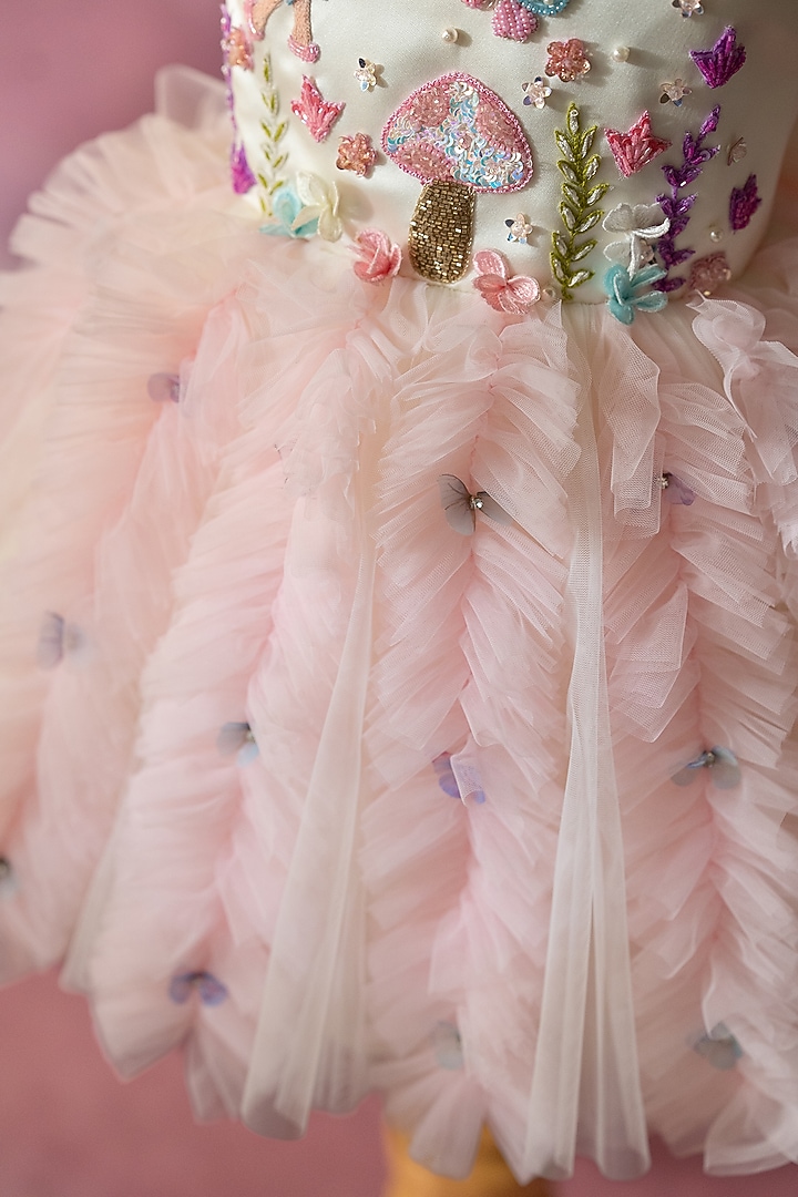 Off-White Satin & Net Hand Embroidered Dress For Girls by Ruchikalathlabel at Pernia's Pop Up Shop