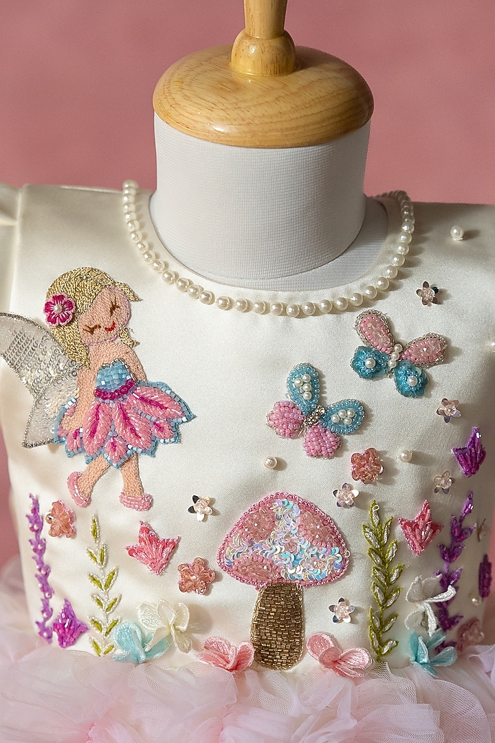 Off-White Satin & Net Hand Embroidered Dress For Girls by Ruchikalathlabel at Pernia's Pop Up Shop