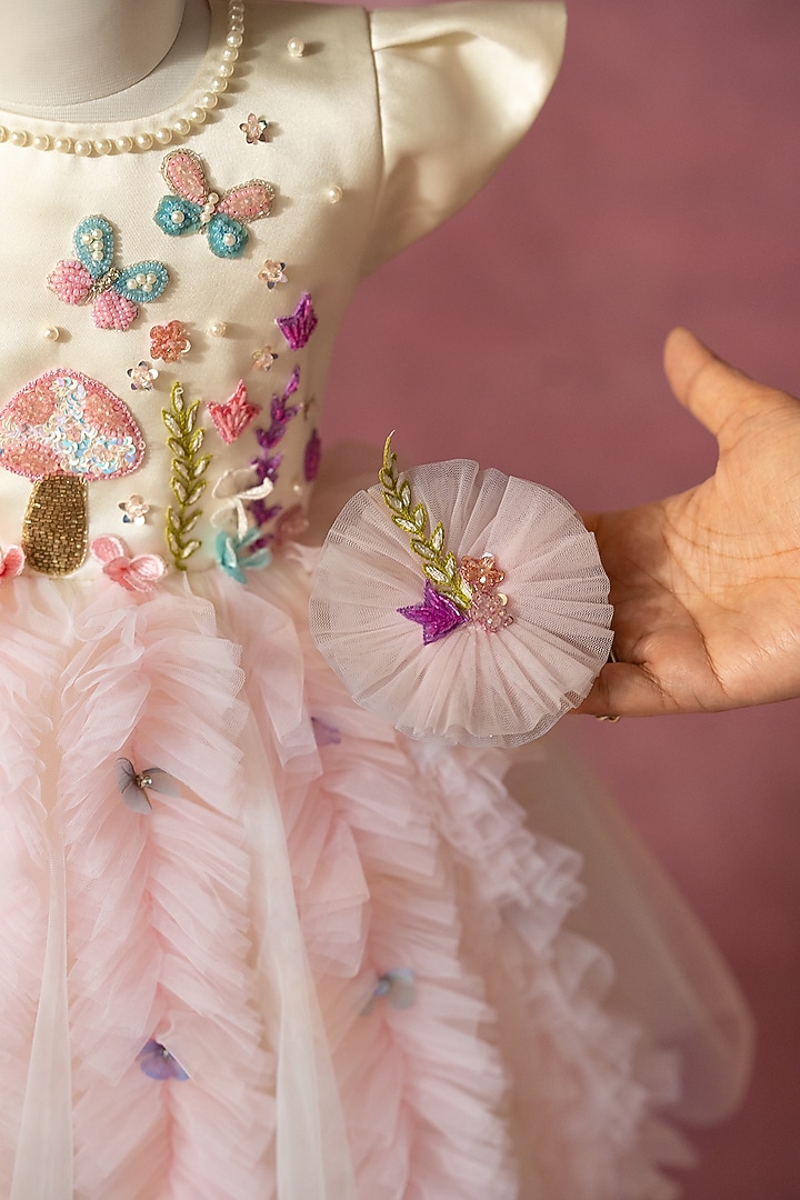Off-White Satin & Net Hand Embroidered Dress For Girls by Ruchikalathlabel at Pernia's Pop Up Shop