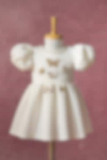 White Scuba Hand Embroidered Pleated Dress For Girls by Ruchikalathlabel at Pernia's Pop Up Shop