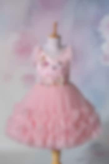 Pink Net Hand Embroidered Dress For Girls by Ruchikalathlabel at Pernia's Pop Up Shop