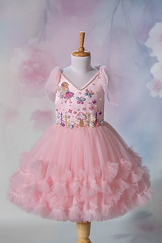 Pink Net Hand Embroidered Dress For Girls by Ruchikalathlabel