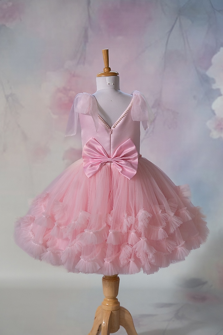 Pink Net Hand Embroidered Dress For Girls by Ruchikalathlabel at Pernia's Pop Up Shop