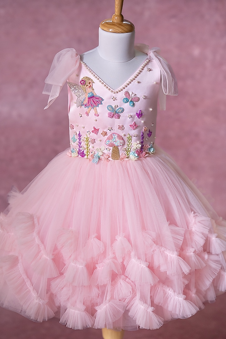 Pink Net Hand Embroidered Dress For Girls by Ruchikalathlabel at Pernia's Pop Up Shop