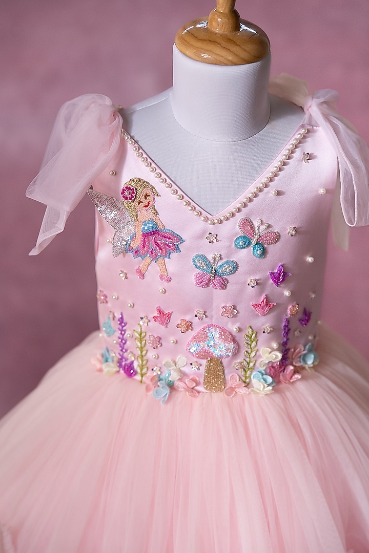 Pink Net Hand Embroidered Dress For Girls by Ruchikalathlabel at Pernia's Pop Up Shop