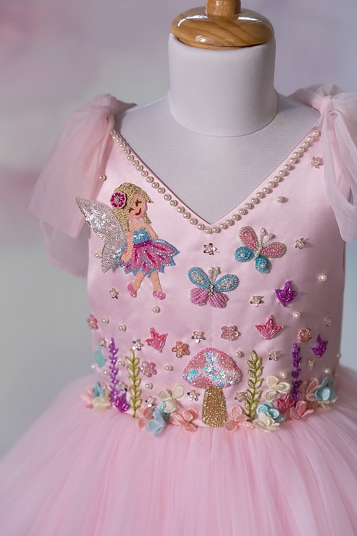 Pink Net Hand Embroidered Dress For Girls by Ruchikalathlabel at Pernia's Pop Up Shop