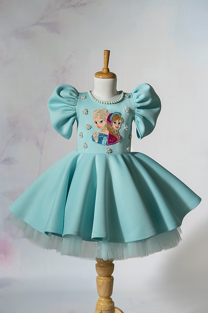 Blue Scuba & Neoprene Embroidered Dress For Girls by Ruchikalathlabel at Pernia's Pop Up Shop
