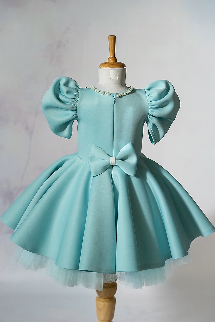 Blue Scuba & Neoprene Embroidered Dress For Girls by Ruchikalathlabel at Pernia's Pop Up Shop