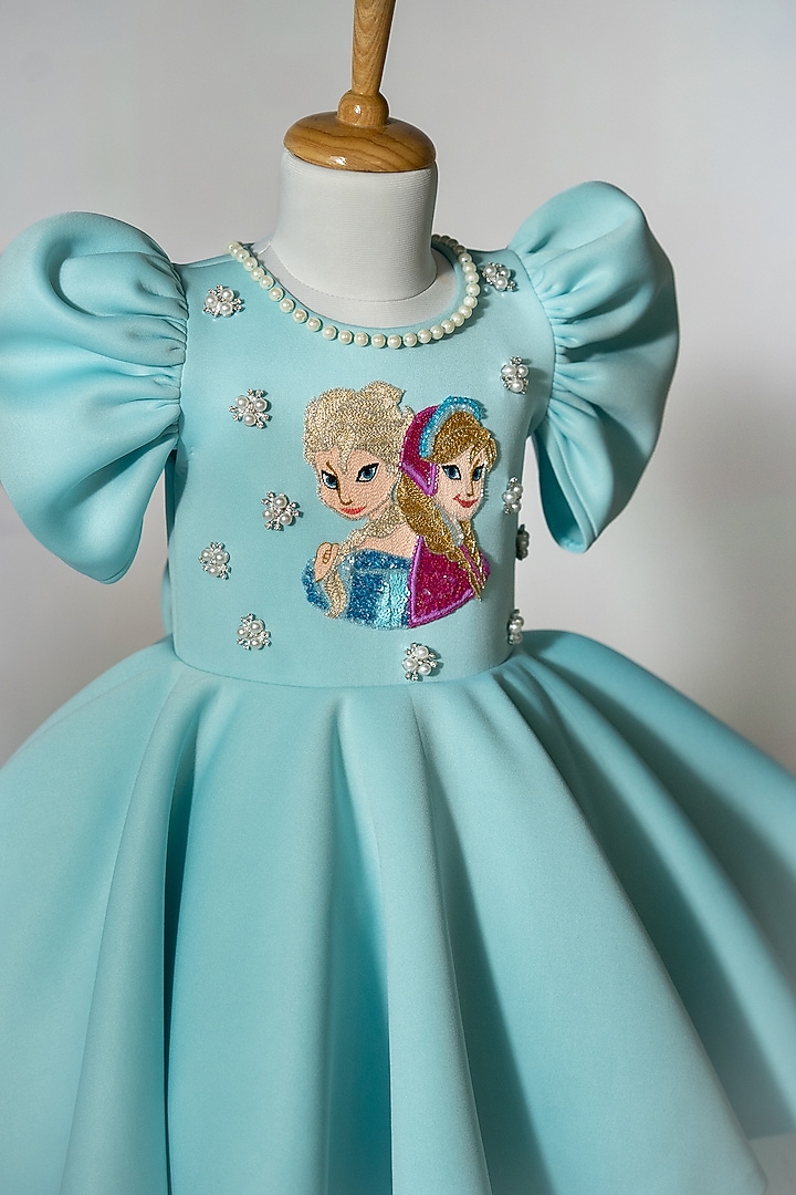 Blue Scuba & Neoprene Embroidered Dress For Girls by Ruchikalathlabel at Pernia's Pop Up Shop