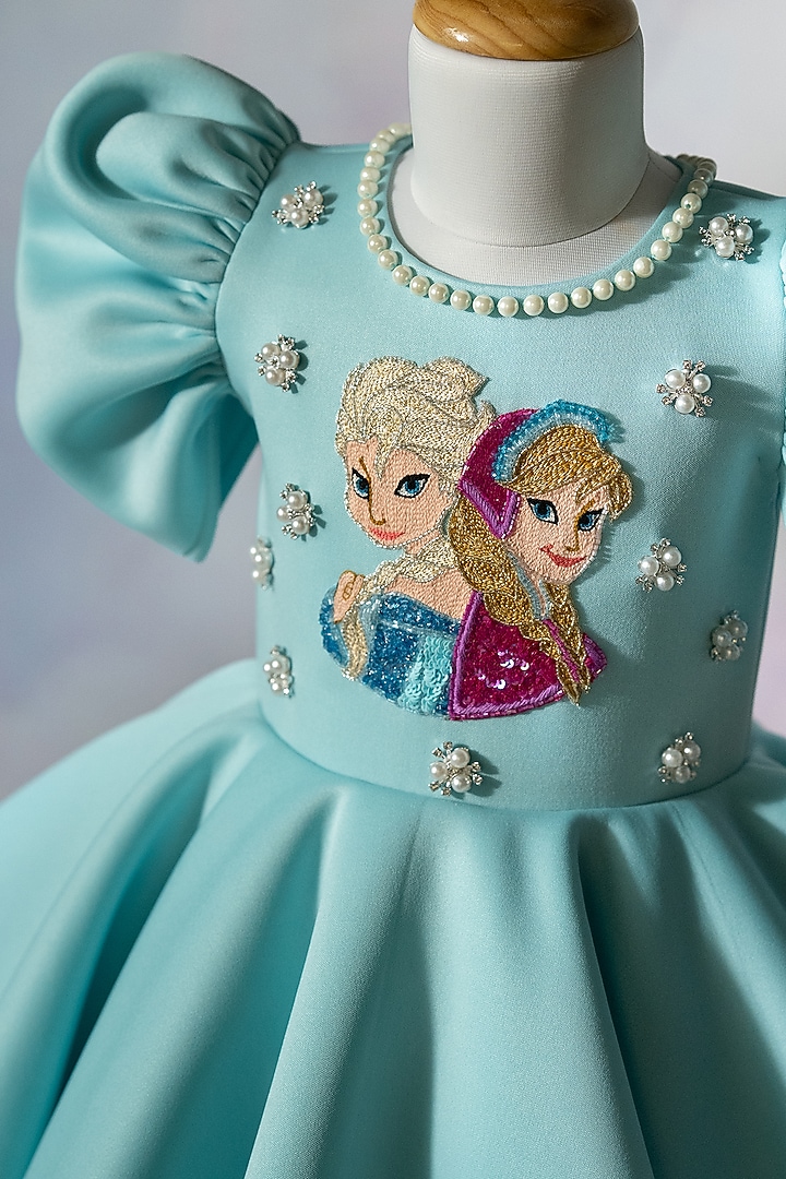 Blue Scuba & Neoprene Embroidered Dress For Girls by Ruchikalathlabel at Pernia's Pop Up Shop