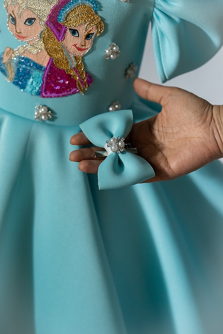 Blue Scuba & Neoprene Embroidered Dress For Girls by Ruchikalathlabel at Pernia's Pop Up Shop