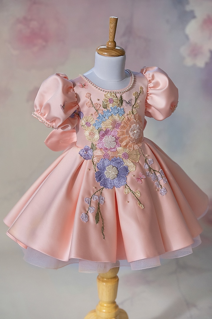 Peach Bridal Satin Floral Embroidered Dress For Girls by Ruchikalathlabel at Pernia's Pop Up Shop