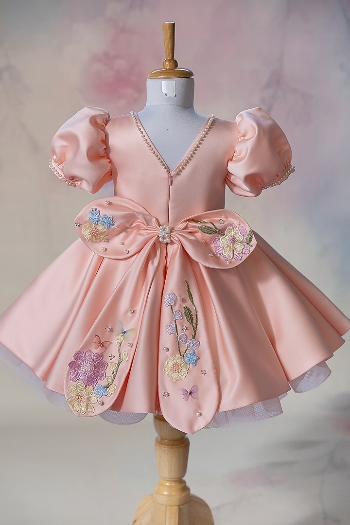 Peach Bridal Satin Floral Embroidered Dress For Girls by Ruchikalathlabel at Pernia's Pop Up Shop