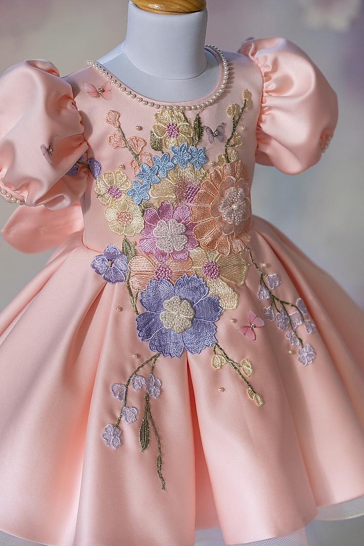 Peach Bridal Satin Floral Embroidered Dress For Girls by Ruchikalathlabel at Pernia's Pop Up Shop
