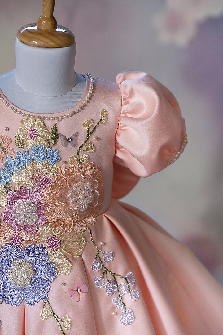 Peach Bridal Satin Floral Embroidered Dress For Girls by Ruchikalathlabel at Pernia's Pop Up Shop
