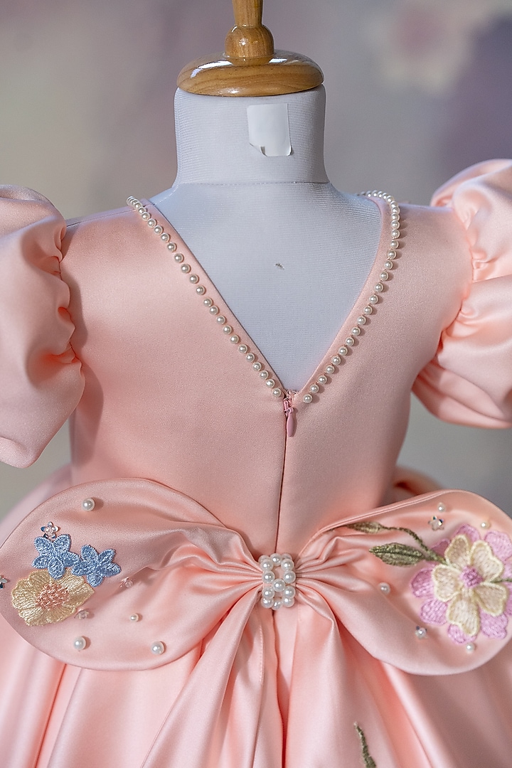 Peach Bridal Satin Floral Embroidered Dress For Girls by Ruchikalathlabel at Pernia's Pop Up Shop