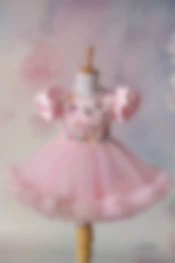 Pink Net Hand Embroidered Dress For Girls by Ruchikalathlabel at Pernia's Pop Up Shop