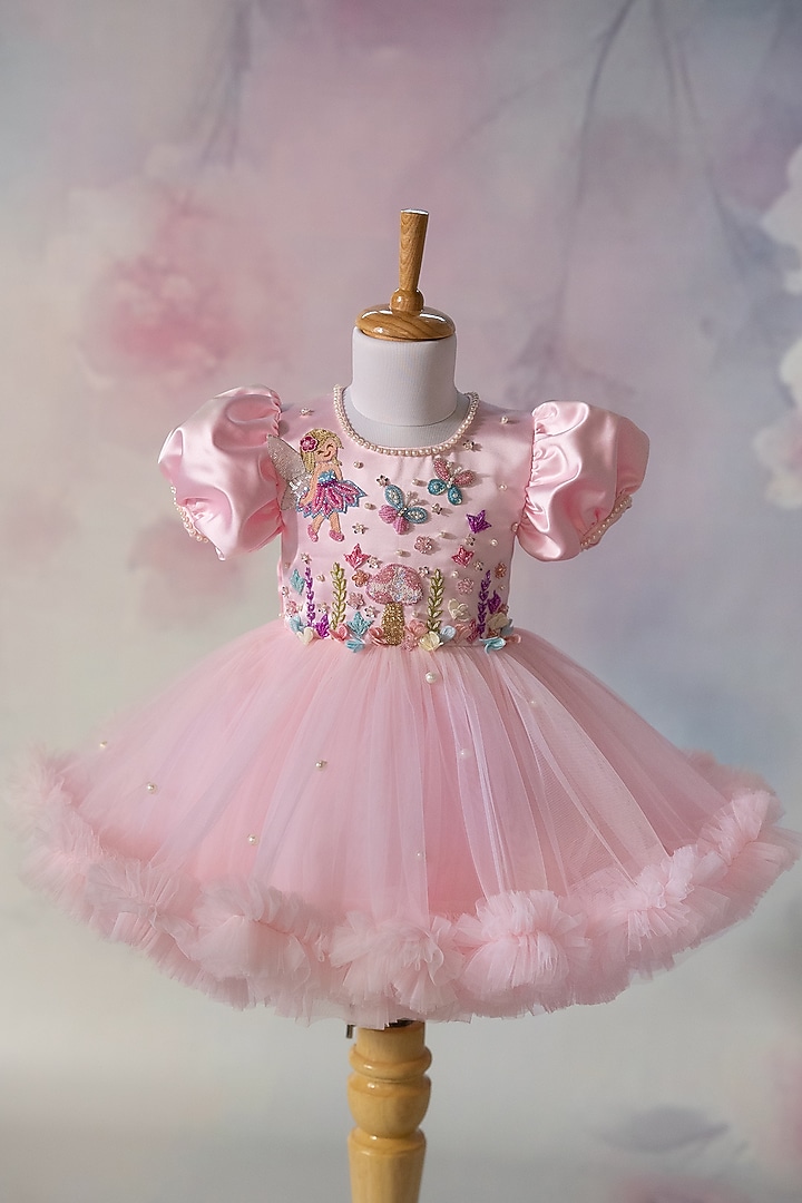 Pink Net Hand Embroidered Dress For Girls by Ruchikalathlabel at Pernia's Pop Up Shop