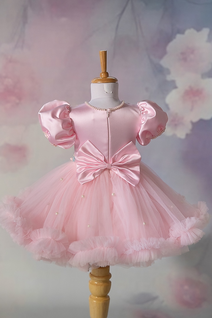 Pink Net Hand Embroidered Dress For Girls by Ruchikalathlabel at Pernia's Pop Up Shop