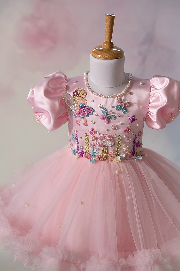 Pink Net Hand Embroidered Dress For Girls by Ruchikalathlabel at Pernia's Pop Up Shop