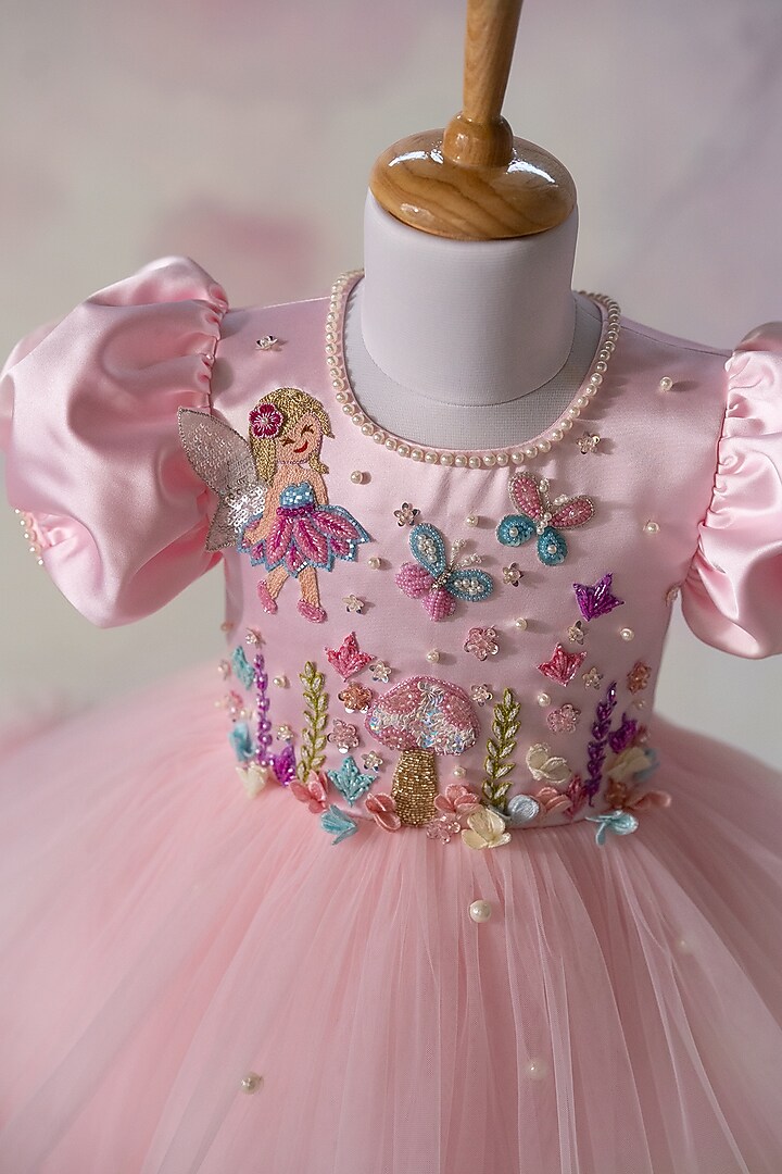 Pink Net Hand Embroidered Dress For Girls by Ruchikalathlabel at Pernia's Pop Up Shop
