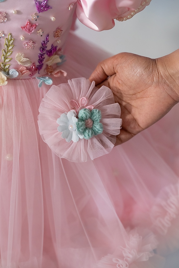 Pink Net Hand Embroidered Dress For Girls by Ruchikalathlabel at Pernia's Pop Up Shop