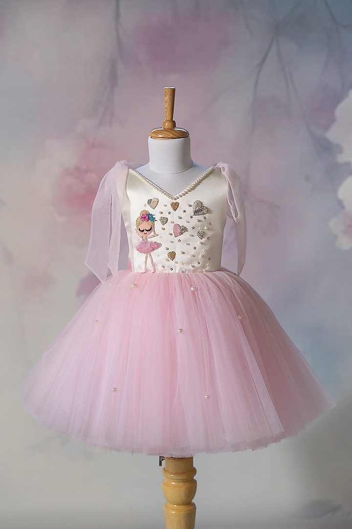 Off-White Bridal Satin & Net Hand Embroidered Tie-Up Dress For Girls by Ruchikalathlabel at Pernia's Pop Up Shop