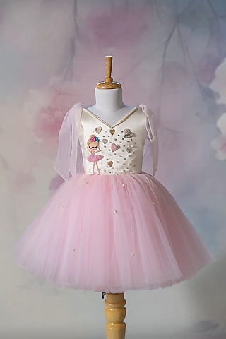 Off-White Bridal Satin & Net Hand Embroidered Tie-Up Dress For Girls by Ruchikalathlabel