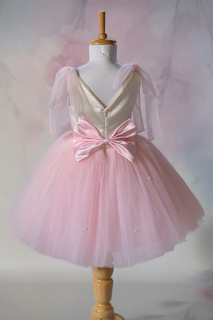 Off-White Bridal Satin & Net Hand Embroidered Tie-Up Dress For Girls by Ruchikalathlabel at Pernia's Pop Up Shop