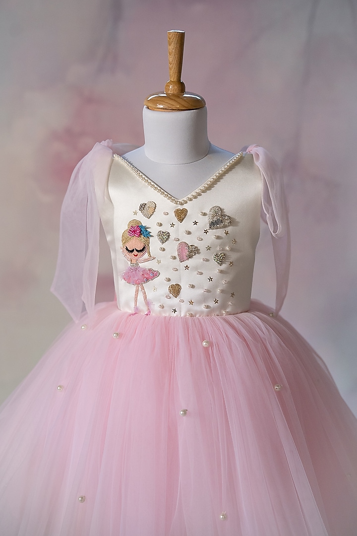 Off-White Bridal Satin & Net Hand Embroidered Tie-Up Dress For Girls by Ruchikalathlabel at Pernia's Pop Up Shop